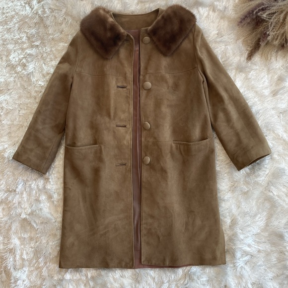 Unbranded Coat Vintage 1960s Brown Suede with Fur Collar Pockets Side Slits - Picture 3 of 5
